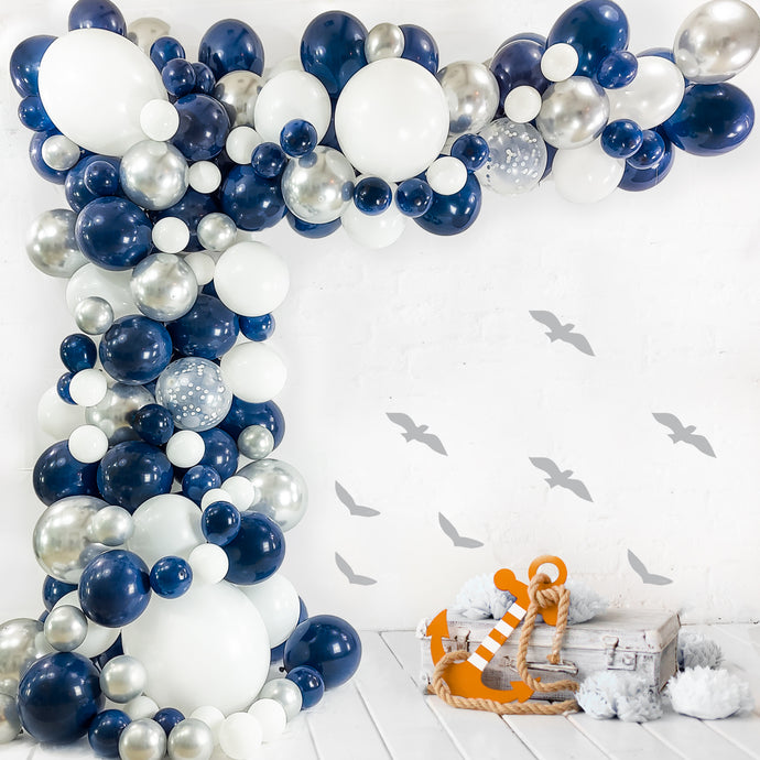 Navy Blue & Silver Balloon Garland Kit | 120 Pack |  Navy Blue, Chrome Silver, White, Silver Confetti Balloons