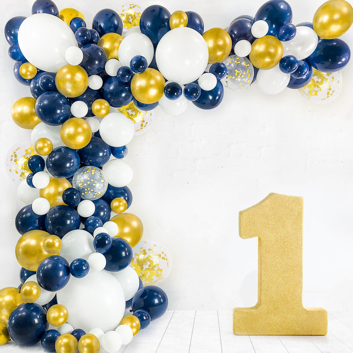 Navy Blue & Gold Balloon Garland Kit | 120 Pack |  Navy Blue, Chrome Gold, White, Gold Confetti Balloons