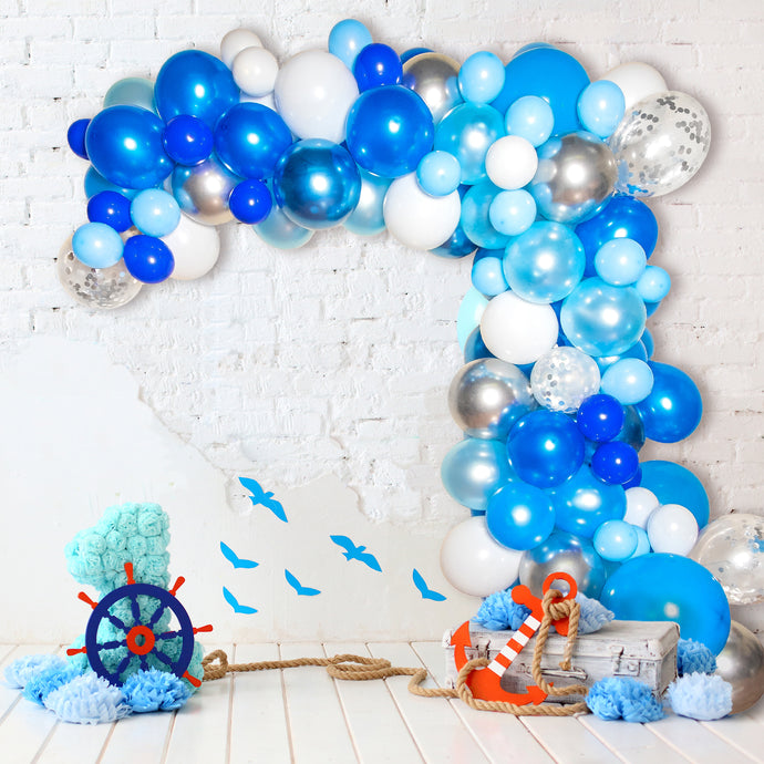 Blue Balloon Garland Kit | 120 Pack | Blue, Royal and Light Blue, Chrome Silver, Silver Confetti Balloons