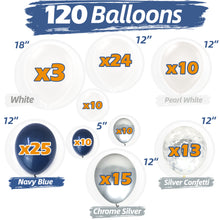 Load image into Gallery viewer, Navy Blue &amp; Silver Balloon Garland Kit | 120 Pack |  Navy Blue, Chrome Silver, White, Silver Confetti Balloons