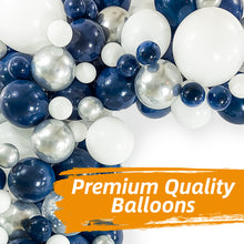Load image into Gallery viewer, Navy Blue &amp; Silver Balloon Garland Kit | 120 Pack |  Navy Blue, Chrome Silver, White, Silver Confetti Balloons